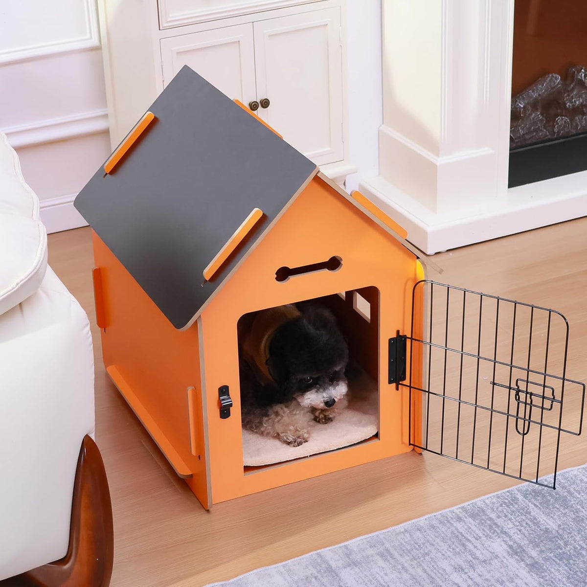 Dog House Indoor for Small Dogs or Cats, Cozy Wooden Design, Small Indoor Bed House, with Air Vents and Elevated Floor Warm Dog Cave (Orange)
