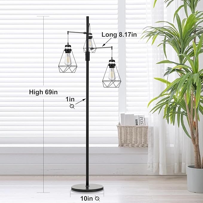 NUNET Boho Industrial Farmhouse Floor Lamp with Stepless Dimming & 3 Adjustable Cage Shades - Vintage Rustic Tall Standing Light for Living Room/Office, Includes Edison Bulbs, Weighted Base