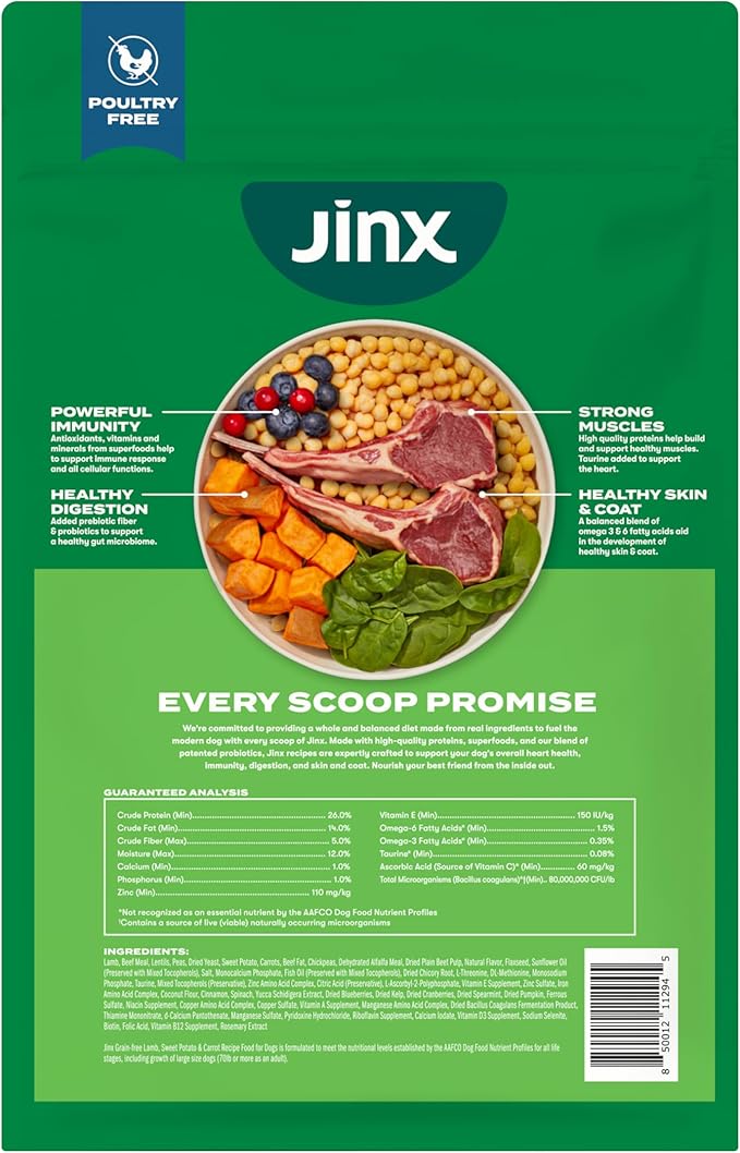 Jinx Premium Grain-Free Dry Dog Food, for All Lifestages - Grass-Fed Lamb, Sweet Potato & Carrot Dog Food with Superfoods for Immune Support & Probiotics for Digestive Support - No Fillers - 23.5lb