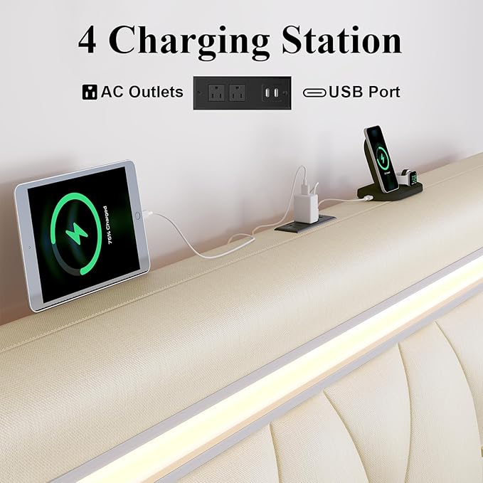 Queen Size Bed Frame with LED Lights and Charging Station, Faux Leather Linen Fabric Adjustable Headboard,Modern Upholstered Bed, Sturdy Wood Slat Support, Easy Assemble, Beige
