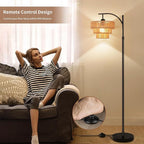 Boho Floor Lamp for Living Room Bedroom with Remote,Arc Farmhouse Floor Lamps with 3 Color Temperature,Rustic Standing Lamp with 3-Tier Rattan Wicker Shades,Adjustable Tall Lamp for Office,Corner