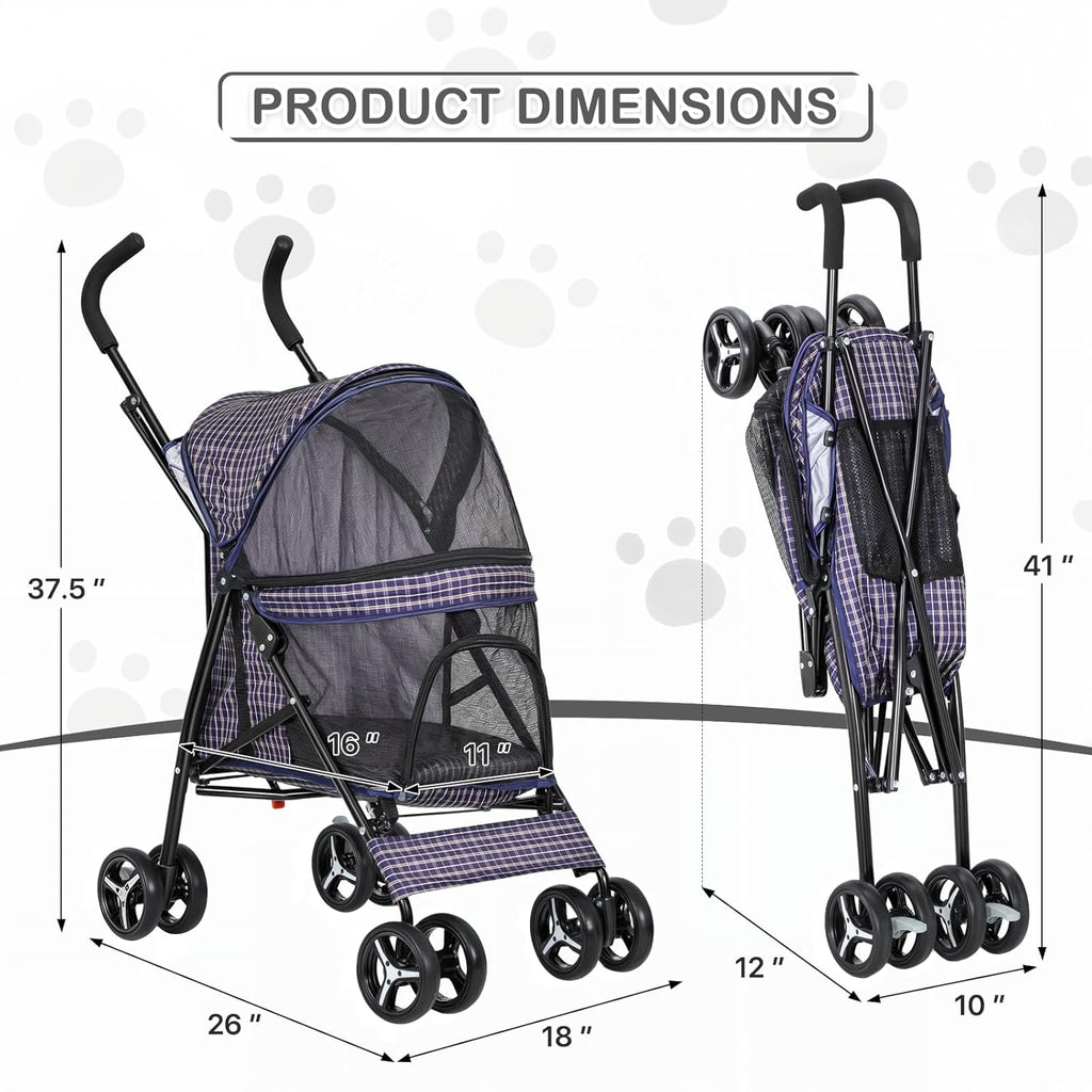 MoNiBloom 4 Wheels Pet Stroller, Easy-Fold Umbrella Shaped Dog Cat Jogger Stroller w/Storage Bag & Visible Mesh for Small/Medium Dogs Cats Plaid