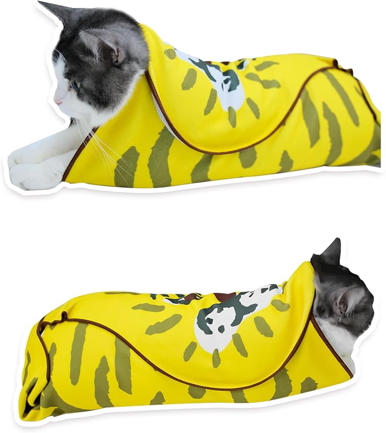 Cat Grooming Wrap for Cutting Nails, 27.6" Anti-Escape Calming Cat Swaddle Wrap for Medicine, Nail Clipping, Teeth Brushing, Ear Cleaning, Self-Adherent Burrito Restraint, (Tiger Print, L)