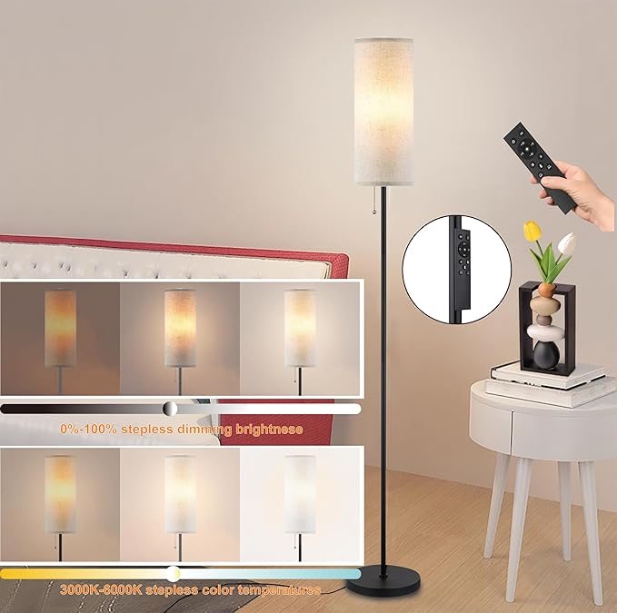 Floor Lamp for Living Room, Modern Standing Lamps with Lampshade, Minimalist Tall Lamp with Chain Switch for Living Room, LED Bulb Included (Beige Shade-Remote Bulb)