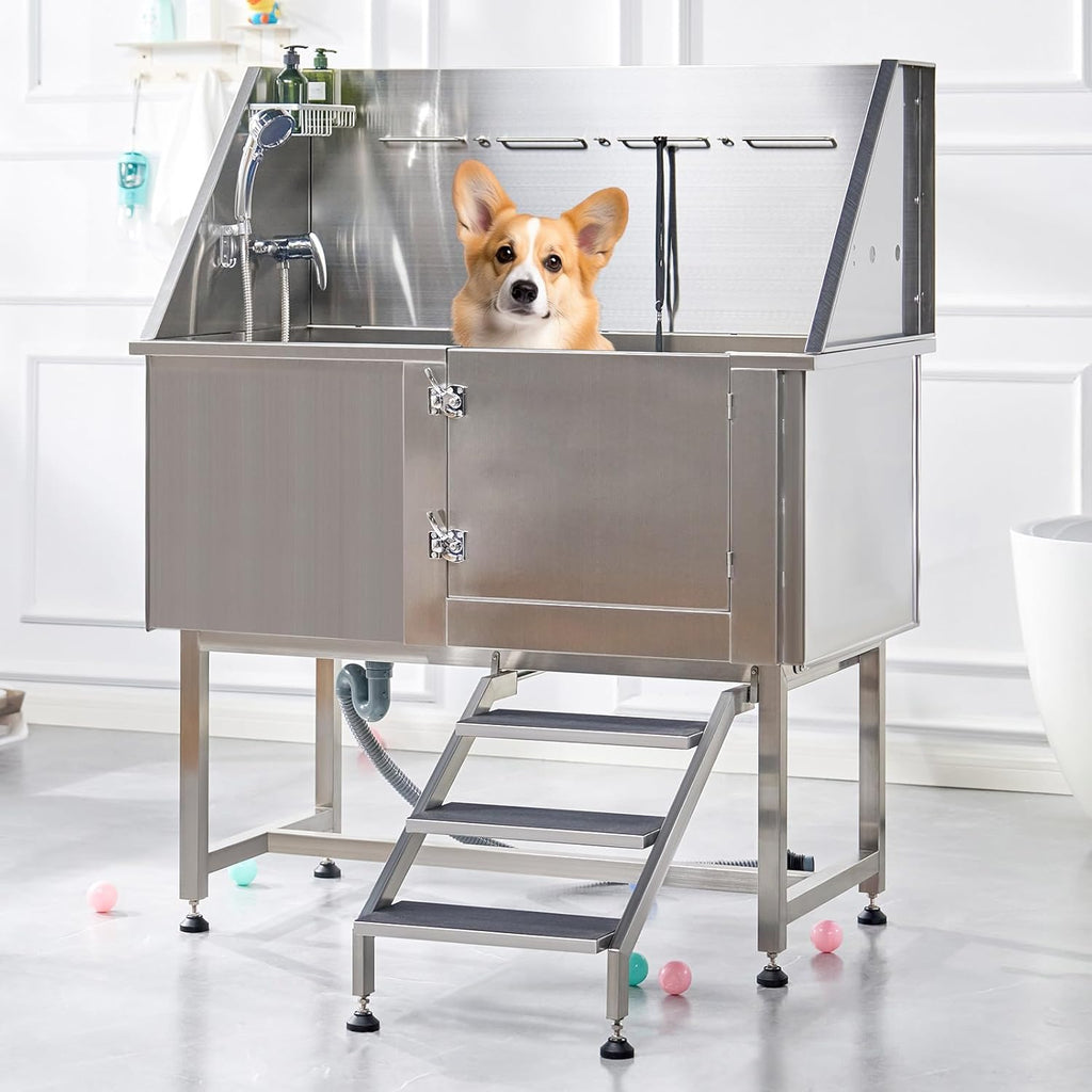 Albott 50 Inch Stainless Steel Dog Washing Station with Non-Slip Steps, Sprayer, Faucet, Soap Box – Professional Pet Bathtub for Small and Medium Pets, Use at Home, Garage, or Grooming (Right Door)