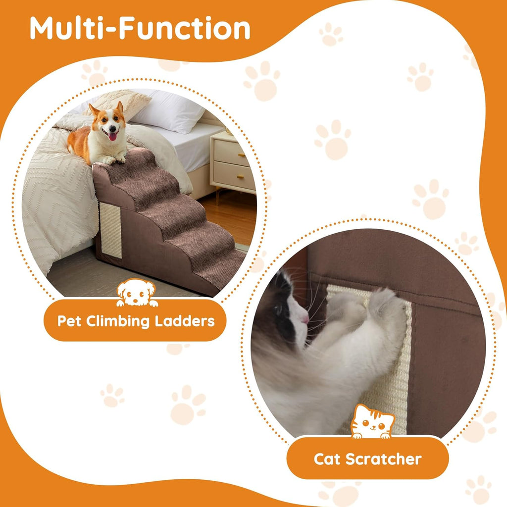 Pet Stairs, Dog Stairs for Small Dogs, Dogs Steps, 5-Step Curved Dog Ramp for Bed, Couch, Sofa, Car and Chair, Non-Slip Bottom Design, Cat Scratching Board, High Density Foam Portable Pet Step, Coffee
