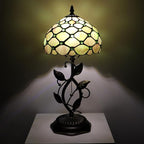 Small Tiffany Lamp Amber Green Pearl Style Stained Glass Table Lamps Desk Bedside Reading Light 8X8X18 Inches with Bronze Metal Leaf Resin Base