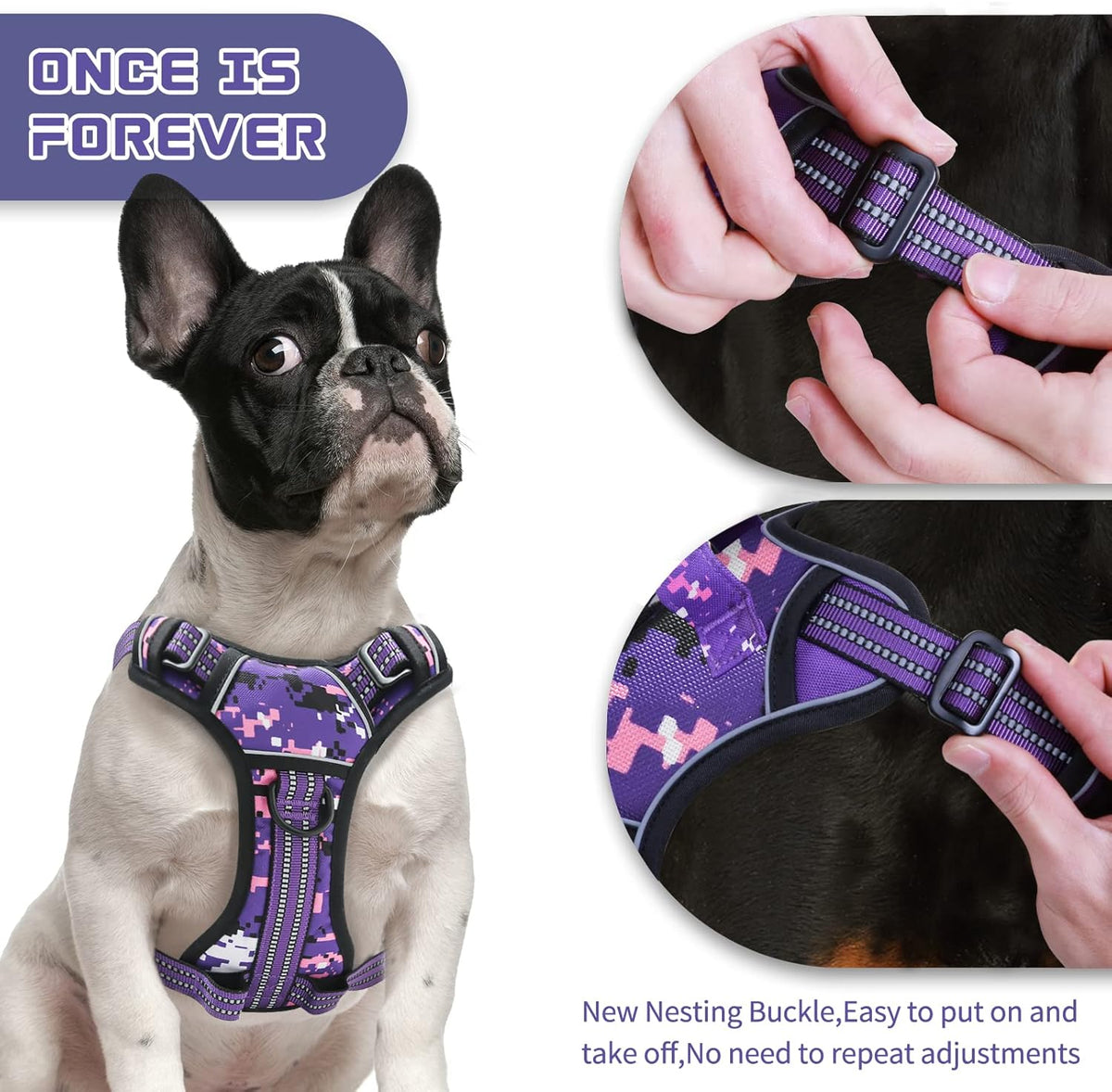 No Pull Dog Harness for Small Dogs, Adjustable No Choke Pet Vest with Dog Leash Fit Smart Reflective Pet Walking Harness for Training Easy Control Soft Handle Purple Camo S