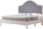 Jocisland Full Size Bed Frame with Tall Upholstered Curved Headboard, Solid Wood Platform Bed, No Box Spring Needed, Wood Slat Support, Easy Assembly, White