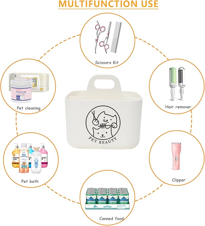 Dog Storage Organizer for Grooming Supplies,4-Compartment Caddy for Dog Cat Grooming Kit,Pet Stuff Storage,Ieal for Shampoo,Trimmer,Clipper,Combo,Brush-Modern Minimalist White