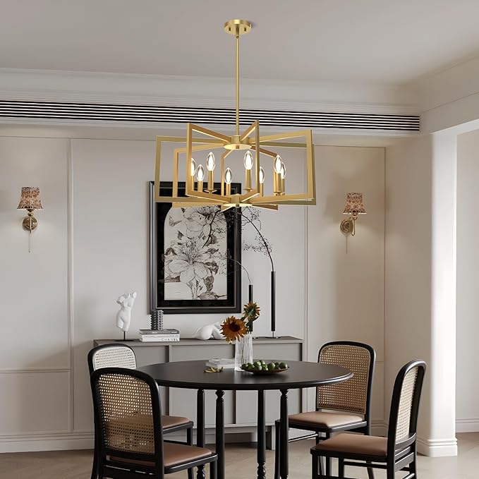 Modern Gold Chandelier, 8-Light Geometric Dining Room Light Fixture, Industrial Pendant Lights Kitchen Island, Hanging Metal Farmhouse Chandeliers for Dining Room Entryway Foyer Bedroom Kitchen ﻿