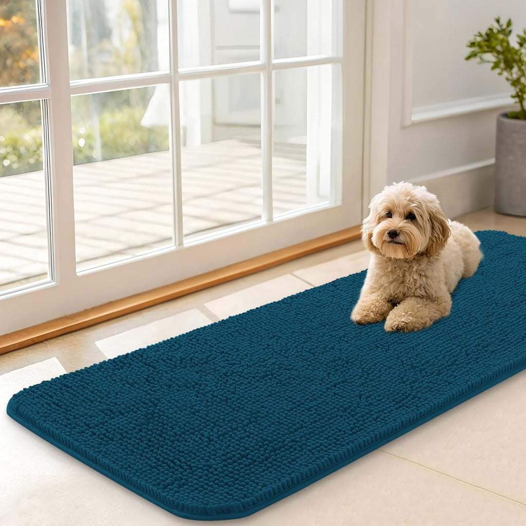 OLANLY Dog Door Mat for Muddy Paws 47x17, Absorbs Moisture and Dirt, Absorbent Non-Slip Washable Doormat, Quick Dry Chenille Mud Mat, Entry Indoor Entryway Carpet for Inside Floor, Atlantic Blue