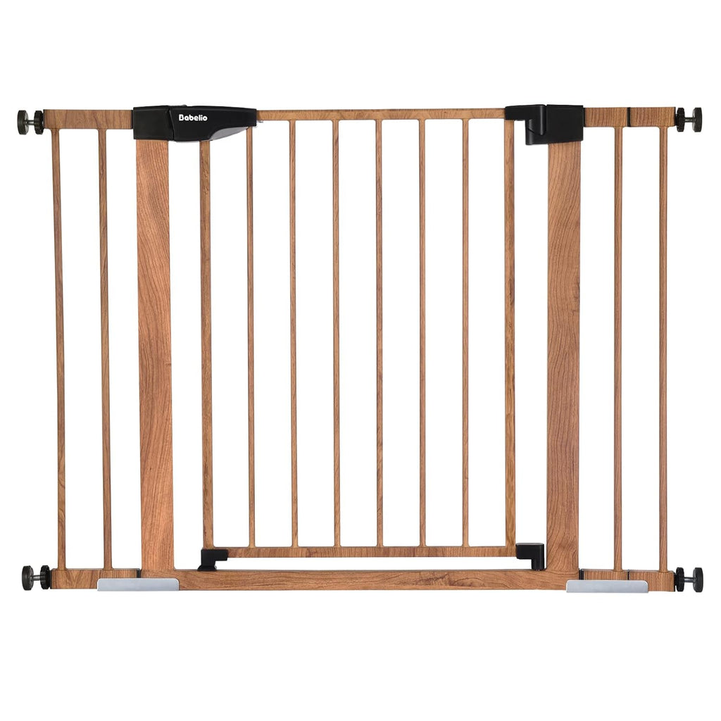 Mom's Choice Award Winner-BABELIO 26-40 Inch Metal Baby Gate with Wood Pattern, Easy Install Pressure Mounted Dog Gate, Ideal for Stairs and Doorways, with Wall Protectors and Extension Kits