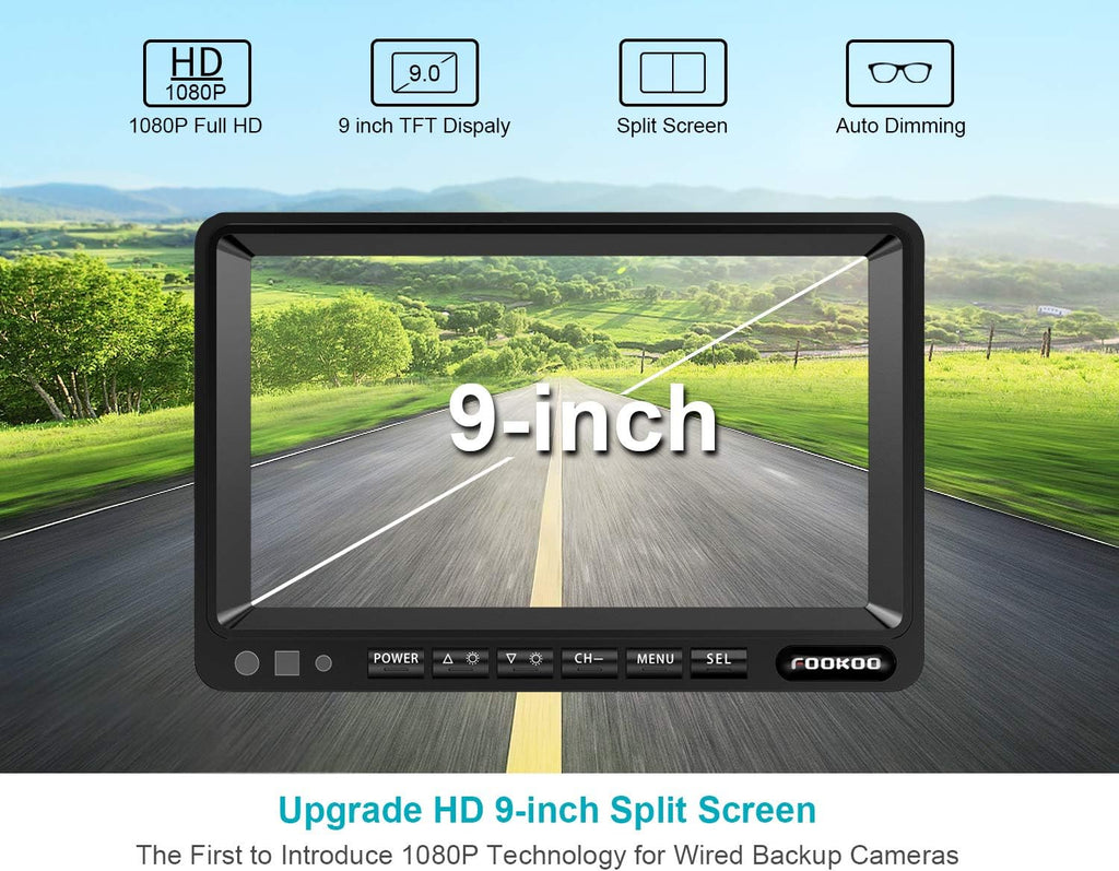 Fookoo ??HD 1080P 9" Wired Backup Camera System, 9-inch DVR Dual Split Screen Monitor, IP69 Waterproof Rear View Camera for Truck/Trailer/Box Truck/RV, Loop Record, Parking Lines (DY912)