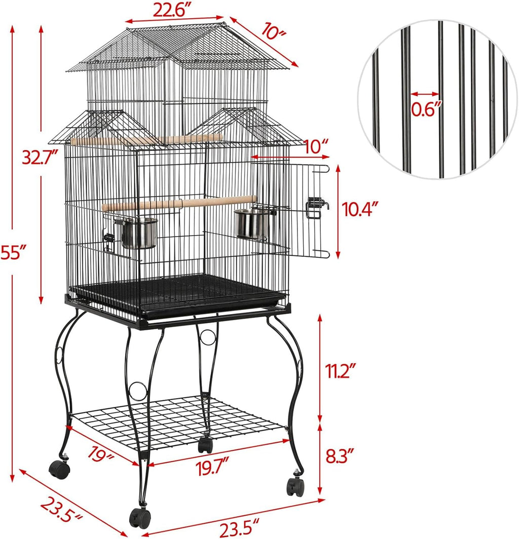 Yaheetech Budgie Cage 55-inch Rolling Standing Triple Roof Medium Parrot Cage Pet Bird Cage with Detachable Stand for Cockatiels Sun Parakeets Green-cheeked Conures Macaw