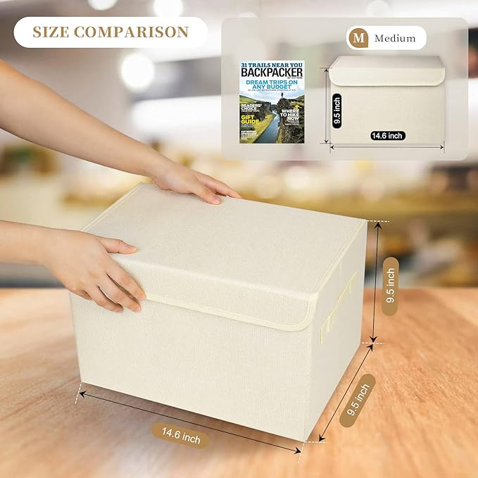 Large 22 Quart [4-Pack] Linen Fabric Foldable Storage Bin Cube Organizer Basket with Flip-Top Lid & Handles, Clothes Blanket Box for Home, Office, Closet (14.6 x 9.5 x 9.5, Beige)