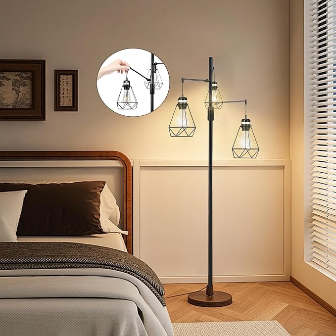 NUNET Boho Industrial Farmhouse Floor Lamp with Stepless Dimming & 3 Adjustable Cage Shades - Vintage Rustic Tall Standing Light for Living Room/Office, Includes Edison Bulbs, Weighted Base