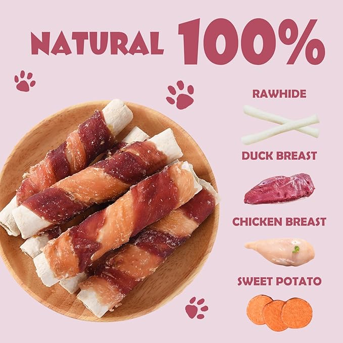 ASMPET Dog Treats Bones, Chicken Duck Wrapped Rawhide Sweet Potato Sticks for Small Medium Large Dogs