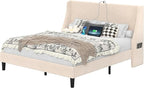 VECELO Queen Bed Frame with Upholstered Wingback Headboard, Heavy-Duty Platform Bedframe with Charging Station, Wooden Slats, No Box Spring Needed, Beige