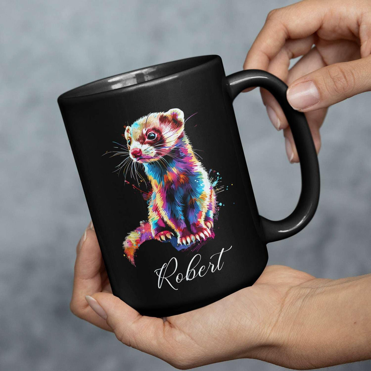 Custom Choose Name Ferret Coffee Mug, Colorful Animal Ceramic Cup, Gift For Ferret Lovers, Personalized 11oz & 15oz Mugs