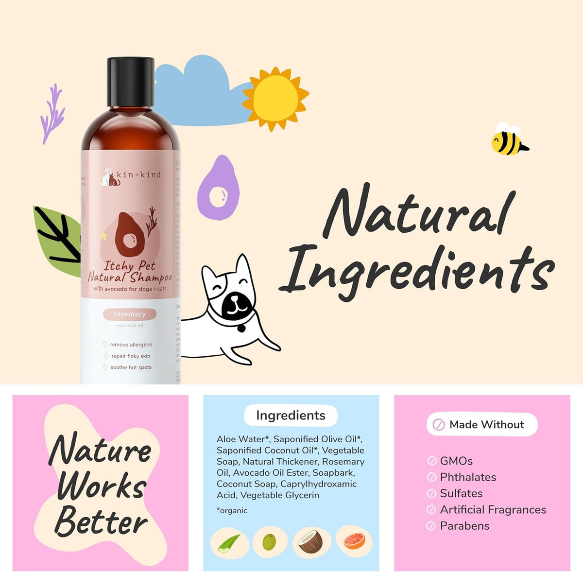 kin+kind Anti-Itch Dog & Cat Shampoo for Itchy Skin and Allergies - Safe, Natural Formula with Olive, Coconut, and Avocado Oil - Made in The USA - Great for Dog Grooming and Cat Supplies (12 fl oz)