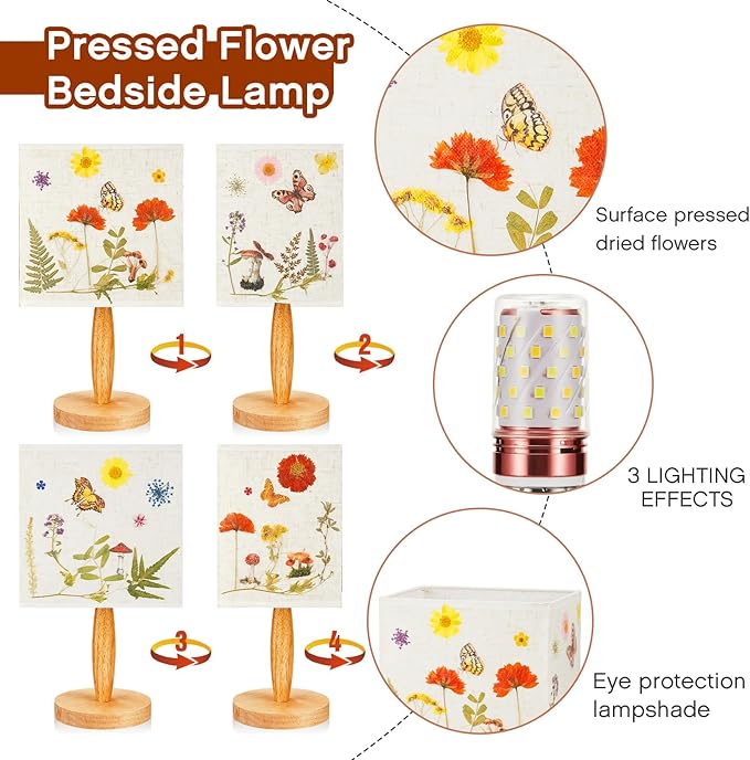 Hortsun Pressed Flower Desk Lamp Vintage Table Small Lamp Cottage Style Decor Boho Light Decorative Rustic for Bedroom, Living Room or Office, Christmas Gift for Women(Vibrant Style)