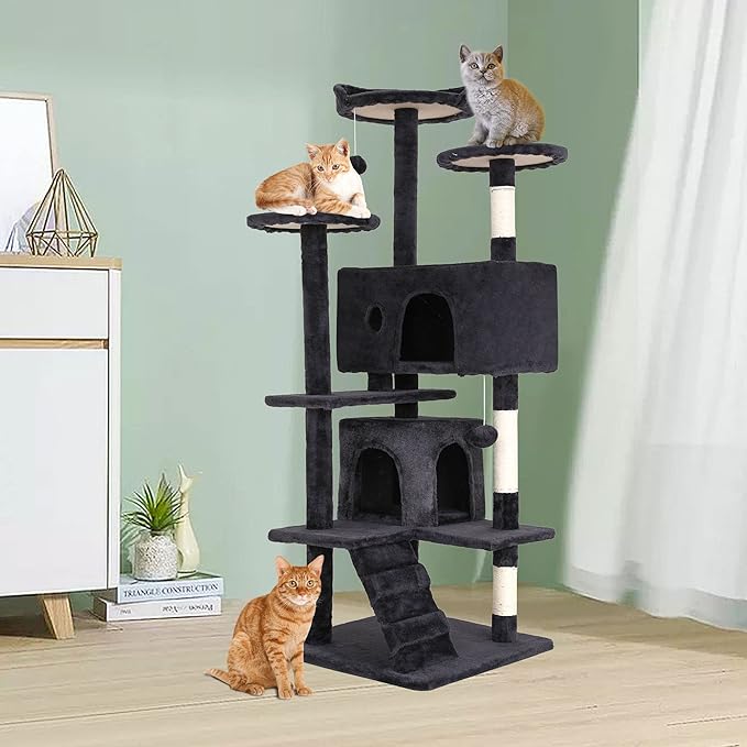 BestPet | 54" Cat Tree Tower | Dark Gray | Sturdy, Easy to Assemble, Multi-Level Activity Center with Sisal Scratching Posts, Condos, Perches, Hanging Cat Toys, Observation Decks & Ladder