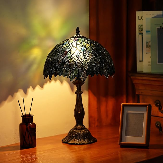 Tiffany Lamps Brownish Green Leaves Style Stained Glass Table Lamp Desk Bedside Reading Light 12X12X18.5 Inches with Bronze Resin Base Applicable to Bedroom Living Room Office