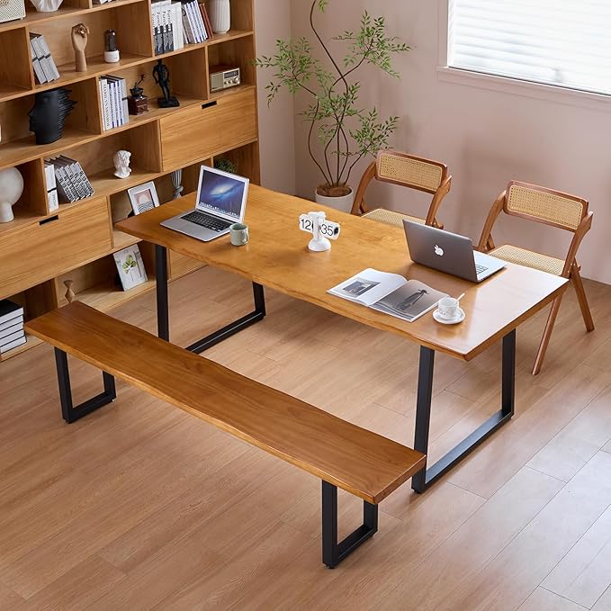 "Durable Solid Wood Top Bench with Sturdy Metal Legs – Versatile Dining & Office Seating - Multi-Size Options Ideal for Living Room, Dining Room, and Home Office" (dark yellowbench, 78.74in)