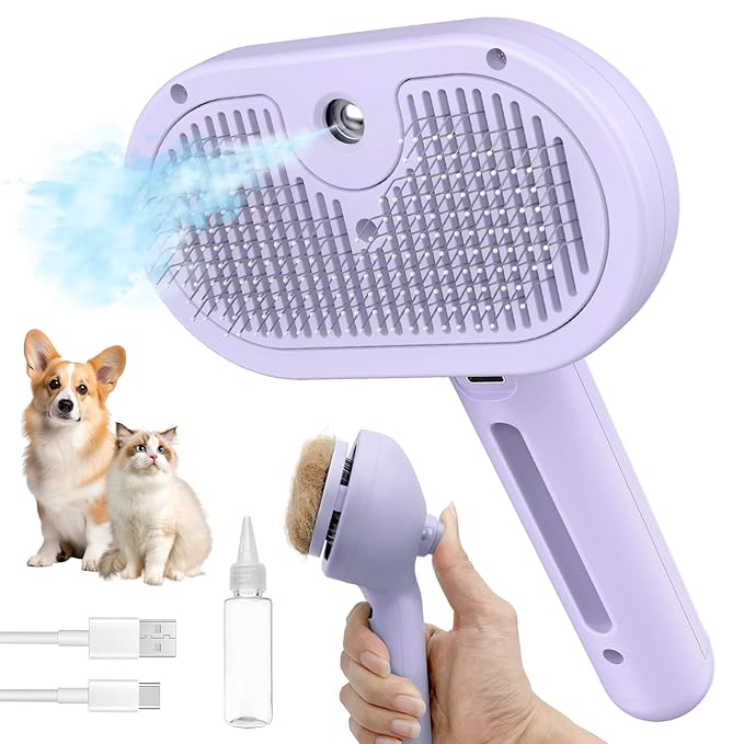 3 in 1 Steam Cat Brush for Shedding - Self-Cleaning Dog Grooming Tool for Long and Short Hair Pets - Removes Static, Flying Hair, and Loose Fur (Purple)