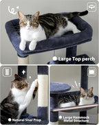 MUTTROS Cat Tree for Large Cats with Metal Plush Big Hammock, 56.3" Cat Tower for Indoor Cats with 2 Door Condo House, 6-Tier Cat Shelves with Scratching Posts and Large Top Perch, Dark Gray