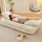 Foldable Lazy Sofa Bed with 5 Levels Adjustable Backrest, Beige | Comfy Upholstered Human Dog Bed for Adults and Pets, Lazy Floor Lounger with 2 Soft Cushions for Living Room Bedroom
