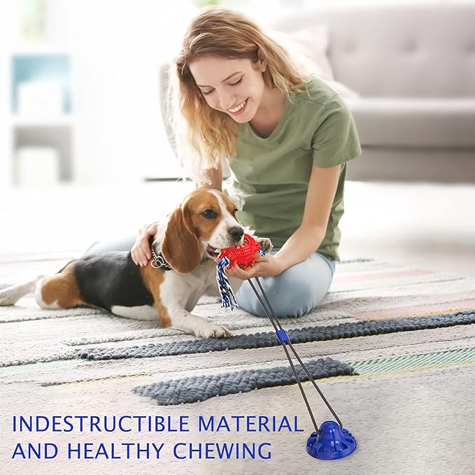 Aggressive Chewer Dog Toys - Rope Toys with Suction Cup, Teething Treats & Puzzle Food Dispensing Ball (Navy Blue)