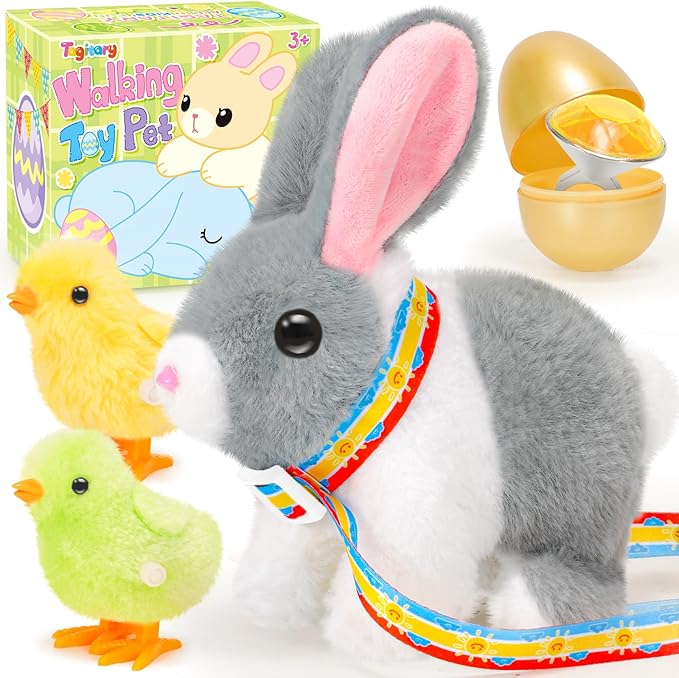 Tagitary Plush Bunny Toy for Kids,Easter Interactive Realistic Bunny with Leash,Golden Egg and Wind Up Toy,That Hopping,Ears Wiggling,Twitching Nose,Rabbit Toys Easter Stuffers Gift for Toddlers