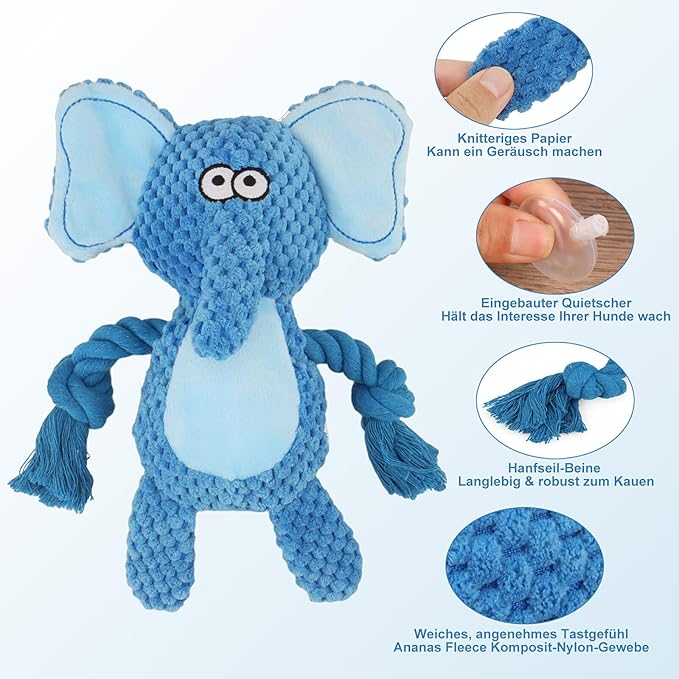 Dog Toys, Dog Squeaker Toys with Crinkle Paper, Stuffed Animal Dog Plush Chewing Toy, Cotton Rope Interactive Toys for Puppy, Small, Middle Dogs (Blue Elephant)