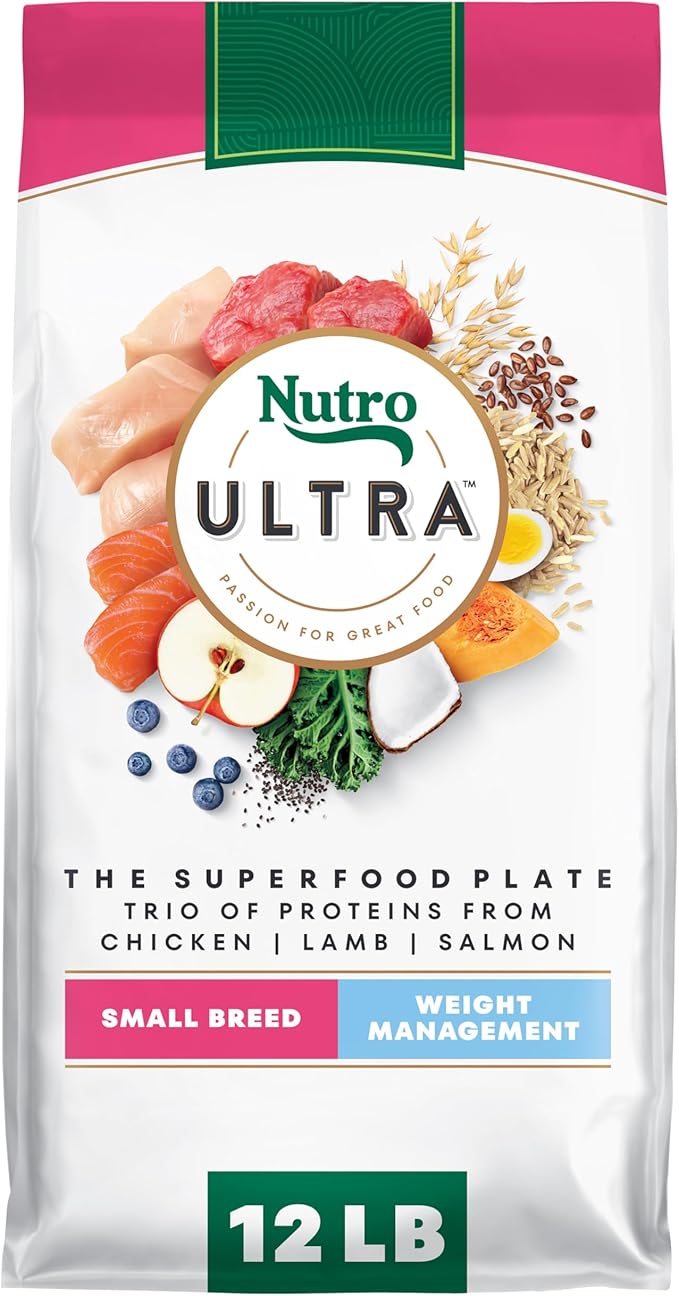 Nutro Ultra Adult Weight Management Small Breed Dry Dog Food, Chicken, Lamb and Salmon Protein Trio, 12 lb Bag