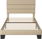 Allewie Twin Size Platform Bed Frame with Fabric Upholstered Headboard and Wooden Slats Support, Fully Upholstered Mattress Foundation/No Box Spring Needed/Easy Assembly, Beige