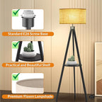 LEPOWER Tripod Floor Lamp, Mid Century Wood Standing Lamp, Modern Design Shelf Floor Lamp for Living Room, Bedroom, Office, Flaxen Lamp Shade with E26 Lamp Base Black