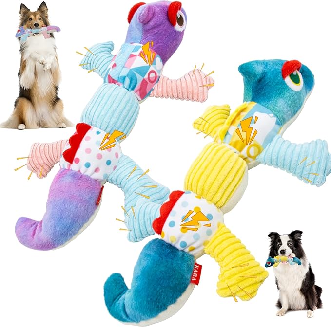 Crinkle Dog Toys Squeaky Plush No Stuffing Cute Puppy Stuffless Tough Rop Pull Toy, Fun Dog Stuffed Animals Durable Chew Set for Small Medium Large Pup (Large, Blue+Purple Chameleon)