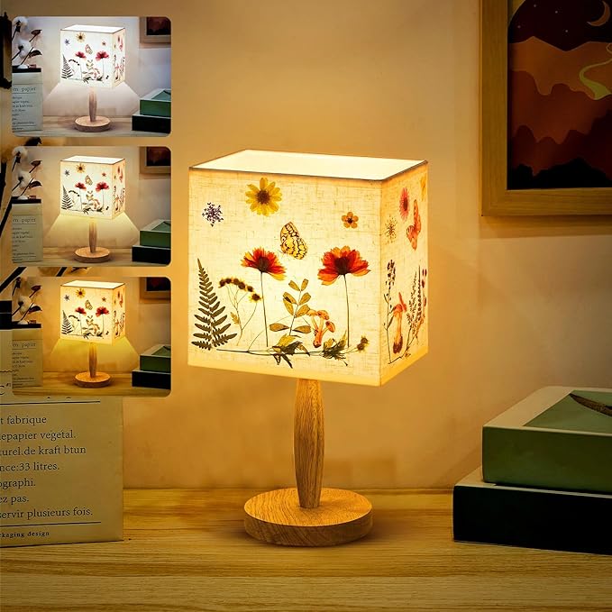 Hortsun Pressed Flower Desk Lamp Vintage Table Small Lamp Cottage Style Decor Boho Light Decorative Rustic for Bedroom, Living Room or Office, Christmas Gift for Women(Vibrant Style)