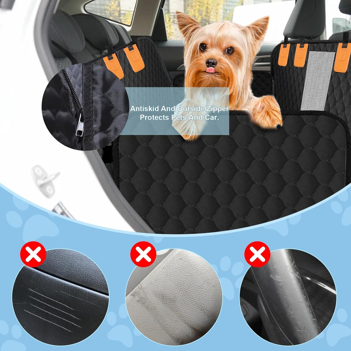 Dog Car Seat Cover for Back Seat, Waterproof Protector with Side Flaps, Scratchproof Hammock, Non-Slip Bottom for Cars/Trucks/SUVs (Black)