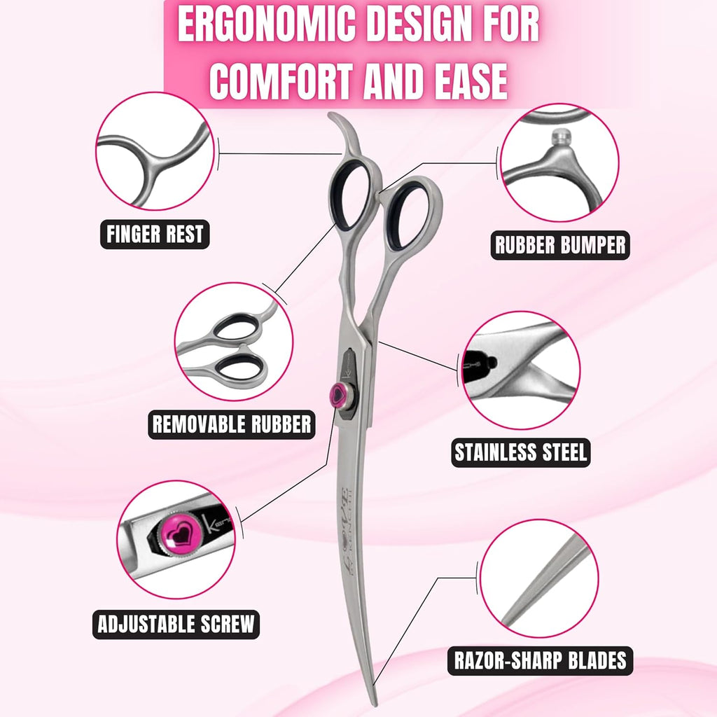 Kenchii Love Left Handed Dog Grooming Scissors, 8 Inch Curved Shears, Dog Scissors for Grooming, Professional Pet Grooming Scissors, Ergonomic & Comfortable