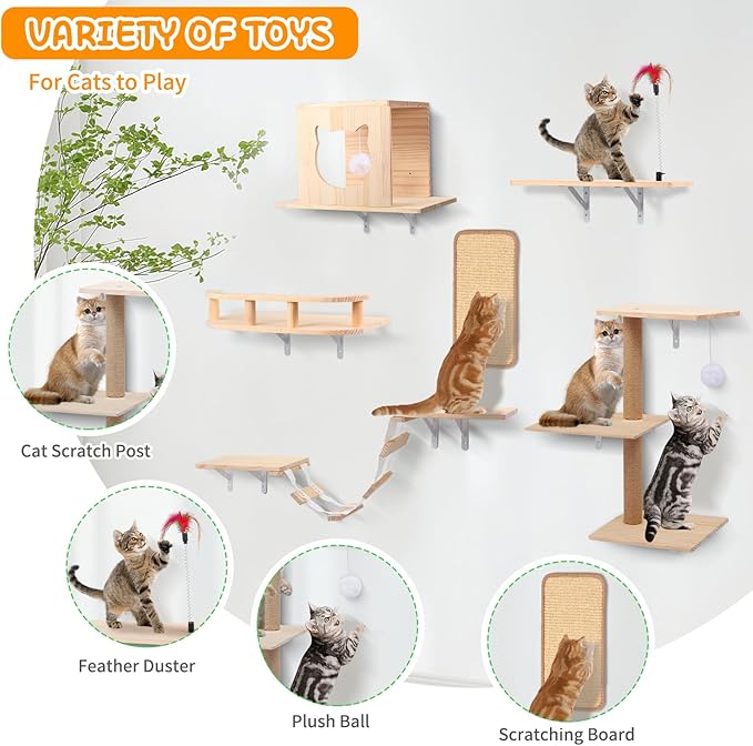 Cat Wall Shelves, Solid Wooden Wall-Mounted Cat Furniture, Set of 6 Cat Climbing Shelves with House, Bed, Bridge, Tree, Steps and Scratcher