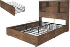 AMERLIFE Queen Size Bed Frame Wooden Platform Bed with 51.2" LED Storage Bookcase Headboard, 4 Storage Drawers & Charging Station/No Box Spring Needed/Noise Free/Rustic Brown