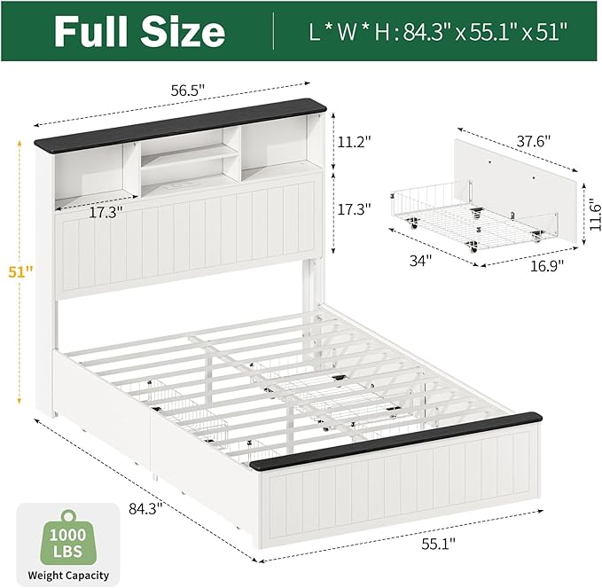 Yoobure Full Size Bed Frame with Headboard - Farmhouse Wood Bed Frames with 4 Storage Drawers, Platform Beds with Charging Station & LED Light, No Noise Double Bedframe, No Box Spring Needed, White