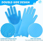 Pecute Pet Grooming Gloves - Heat Resistant Silicone Gloves with High-Density Teeth, Enhanced Five Finger Design for Bathing and Massaging Dogs and Cats, Blue