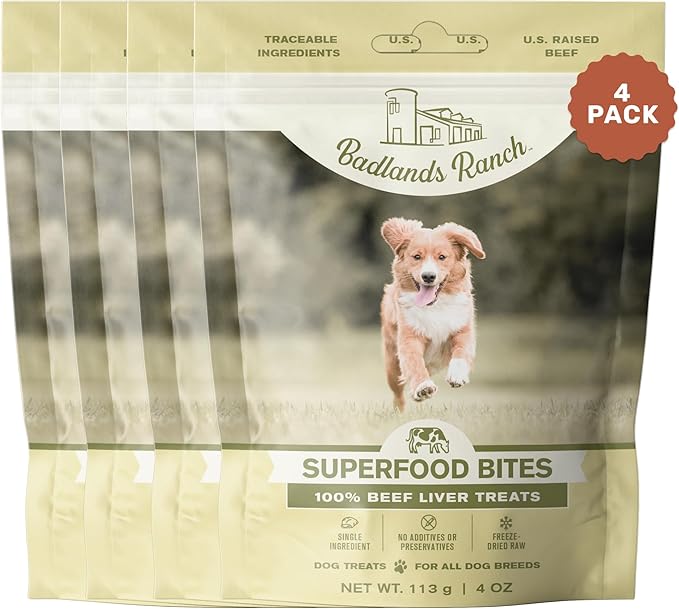 BADLANDS RANCH - Superfood Bite, Freeze-Dried Raw Dog Treats - Protein Rich, Train & Reward, Traceable Single Ingredient by Katherine Heigl (4 Ounce (Pack of 4) Beef Liver)