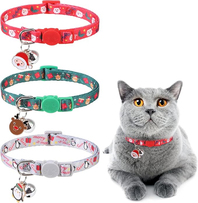3 Pack Christmas Cat Collars Breakaway with Bell & Charm-Holiday Cat Collar for Girl Boy Cats with Safety Buckle- Cute Santa Snowman Kitten Collar Adjustable 8"-12" for Kitty Puppy Small Pets