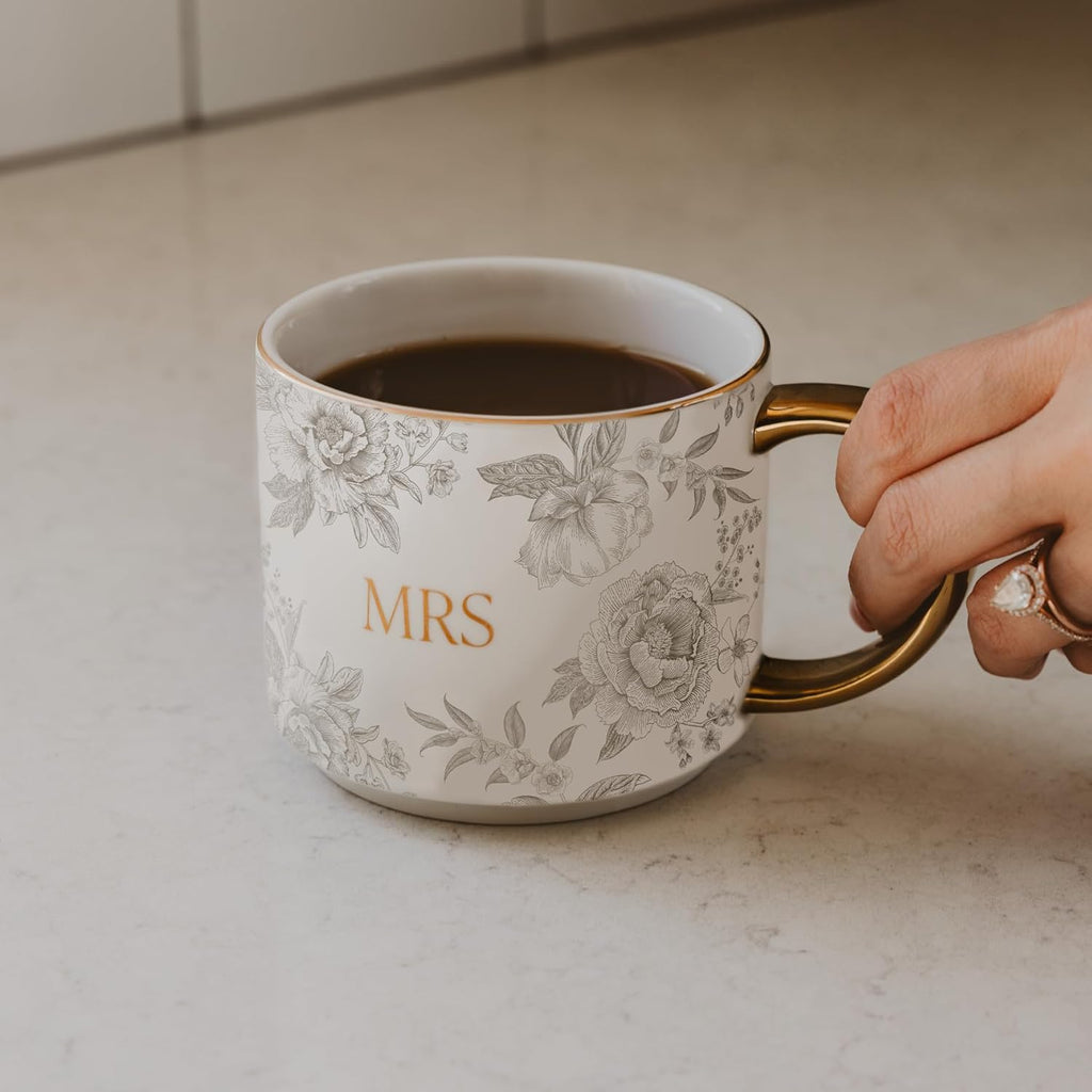 Sweet Water Decor Mrs Mug, 14oz Fine Bone China Coffee Cup with Gold Handle and Grey Delft Pattern, Bridal Shower Gift for Wedding Bride, Engagement & Newlyweds