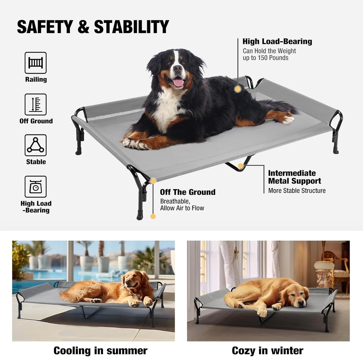Veehoo Cooling Elevated Dog Bed, Guardrail Raised Pet Cot, Indoor & Outdoor XXL Pet Bed with Washable & Breathable Teslin Mesh, Non-Slip Feet, Dog Couch Bed, 62.5" x 37", Grey